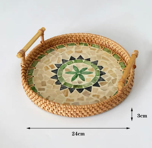 Handwoven Rattan Dining Tray with blue and green seashell