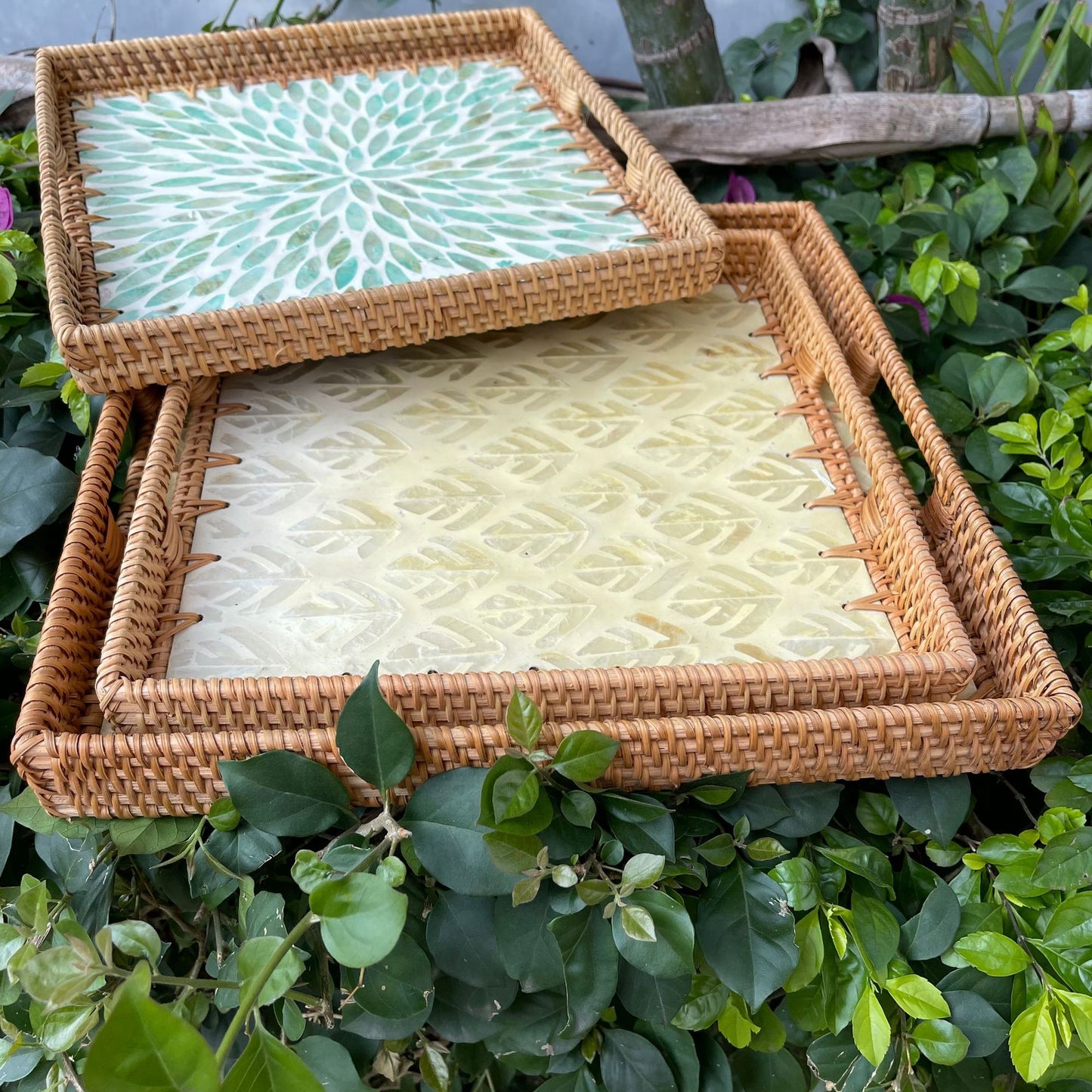 Handwoven Rattan Shell-Colored Square Basket with Handle